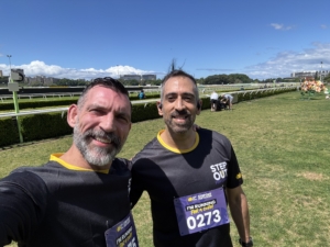 Step out for Cancer, Randwick Race course Sydney Christian Paesano and friend Roy at Randwick Racecourse after completing the Step Out for Cancer Run, celebrating the finish and supporting cancer awareness.
