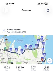 Route of City2Surf Sydney Christian Paesano from The Body Project after completing Sydney City2Surf 2026 in a personal best time of 71:40
