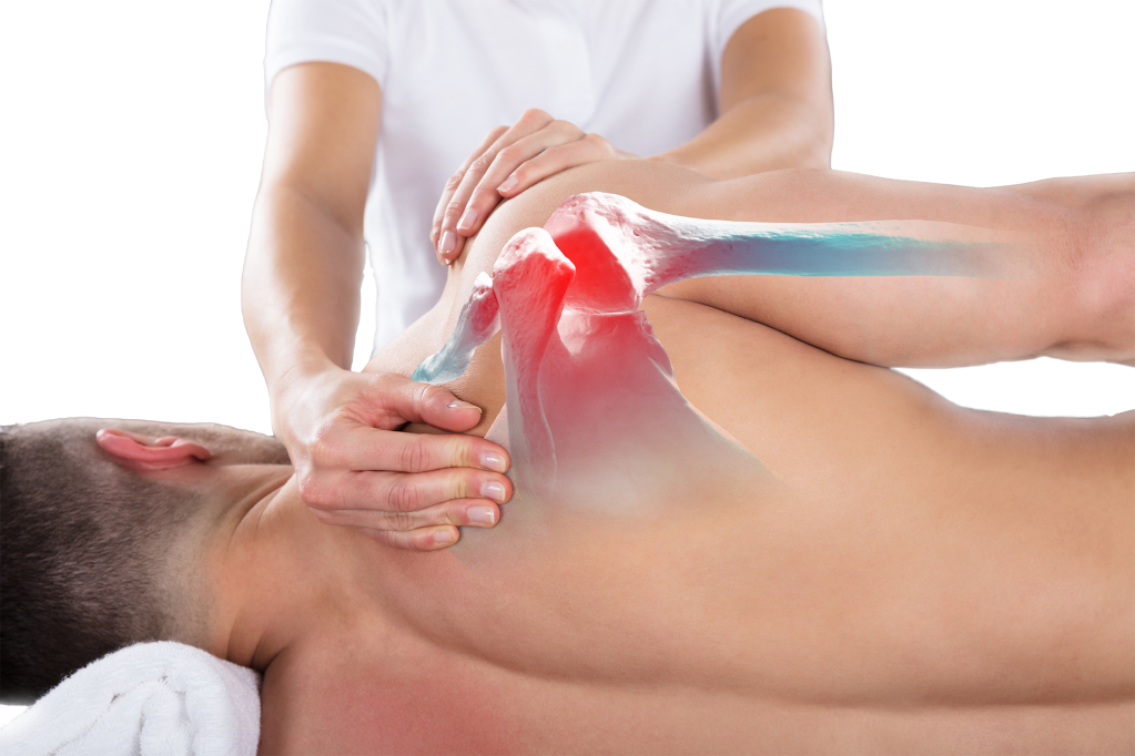 frozen-shoulder-treatment Osteopath assessing a patient's shoulder during treatment for shoulder pain and rotator cuff rehabilitation