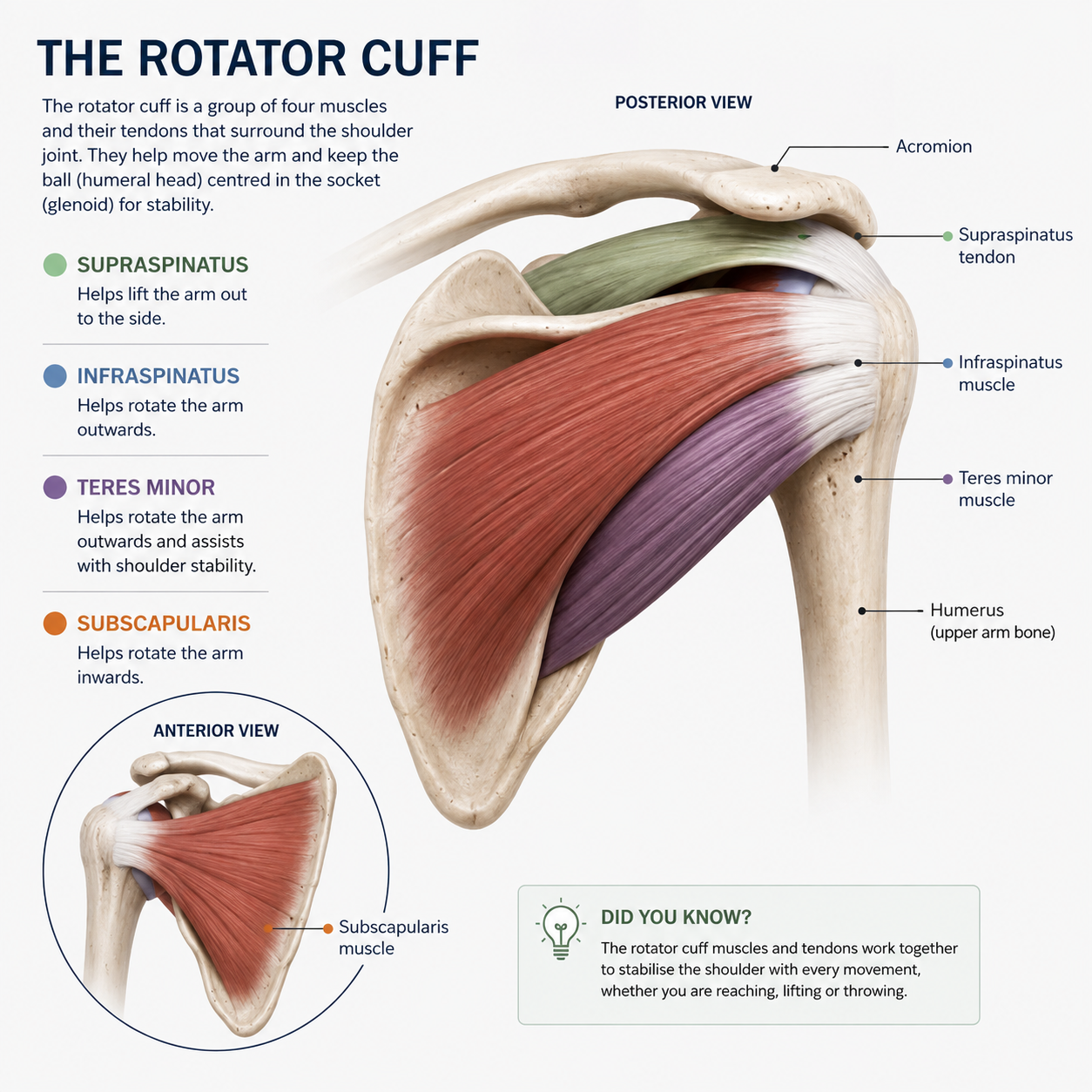 Rotator cuff anatomy showing the supraspinatus, infraspinatus, teres minor and subscapularis muscles and tendons